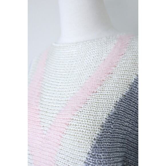 Vintage 1980s Angora Metallic V Varsity Knit Sweater Batwing Silver Pastel Pink - Picture 4 of 11